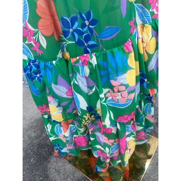 Green Floral Chiffon Sleeveless Ruffle Maxi Dress Feminine cottage core Sz L - Picture 8 of 14